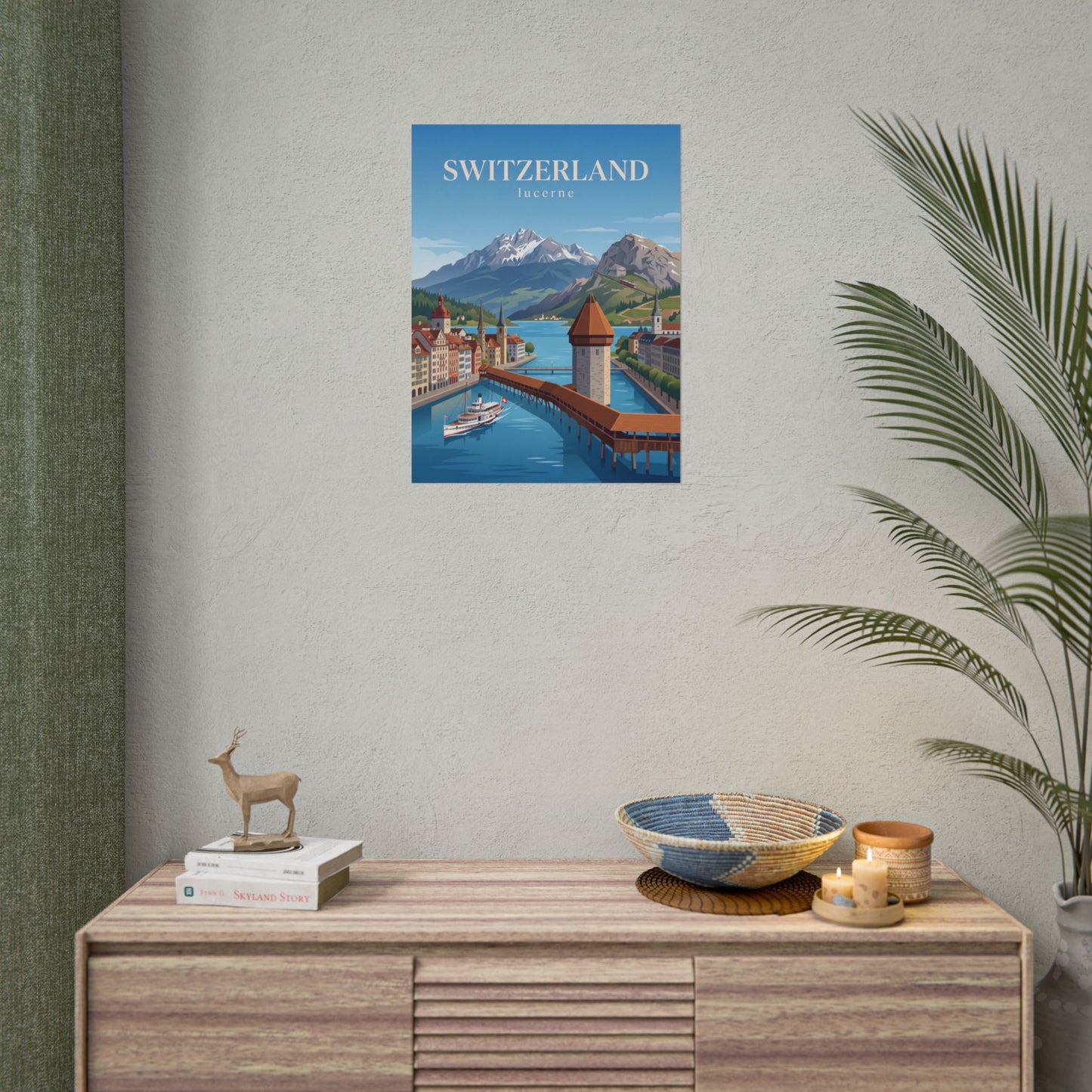Lucerne Switzerland poster on wall featuring blue lake, mountains, and riverside bridge view
