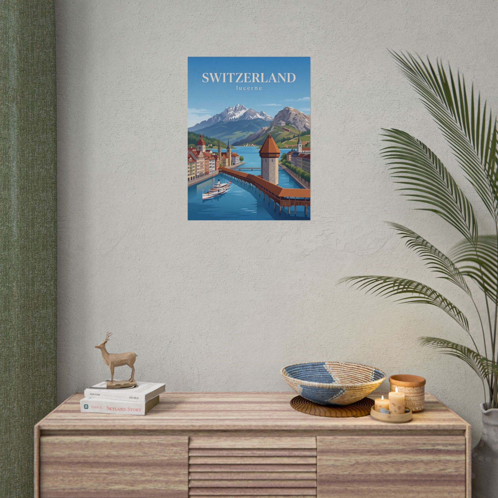 Lucerne Switzerland poster on wall featuring blue lake, mountains, and riverside bridge view