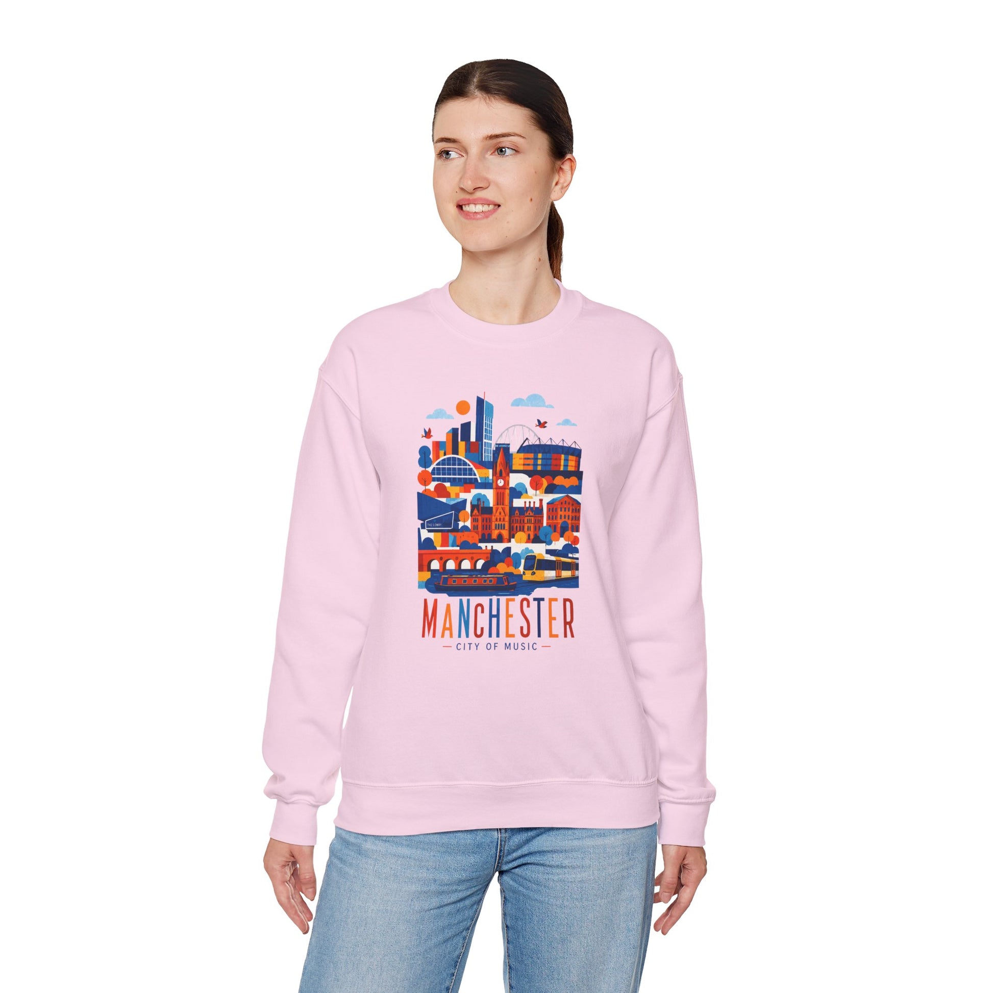 Light pink crewneck sweatshirt with Manchester cityscape graphic print on chest