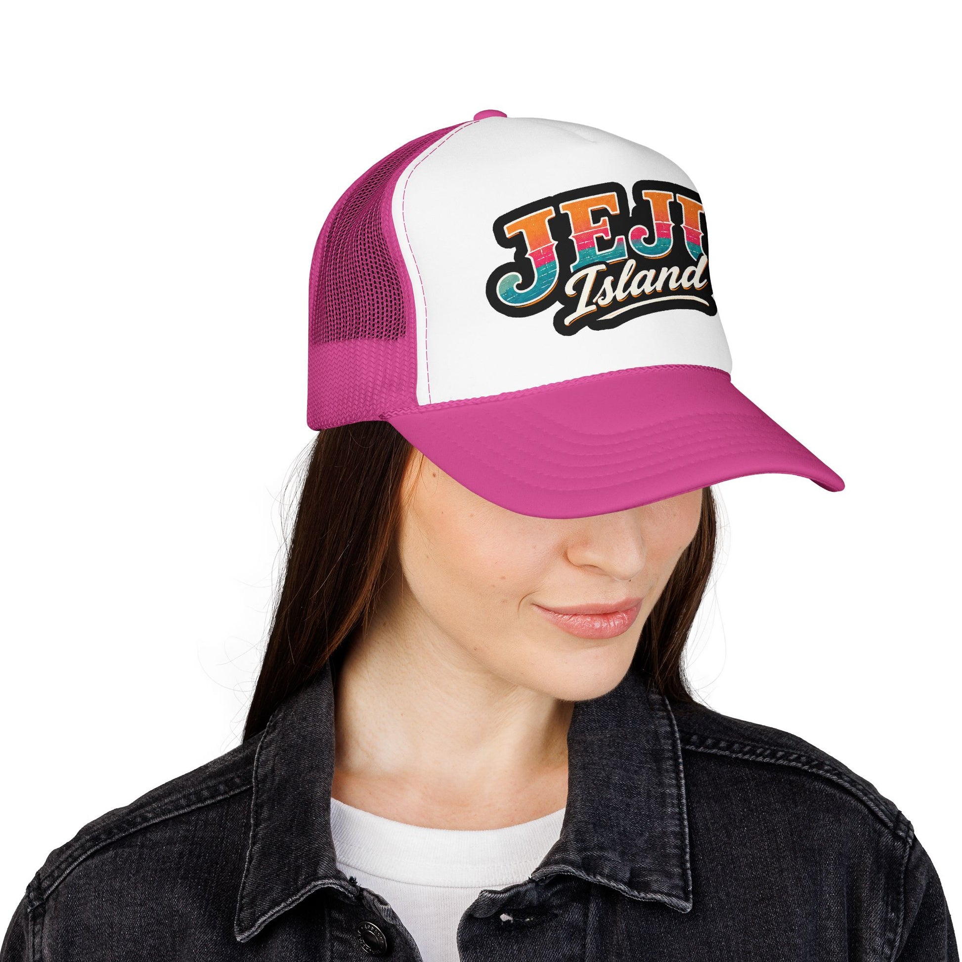 Foam trucker cap in magenta and white with 'JEJU Island' logo worn by a woman