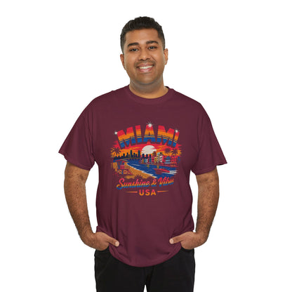 Maroon T-shirt with front Miami skyline graphic and USA lettering