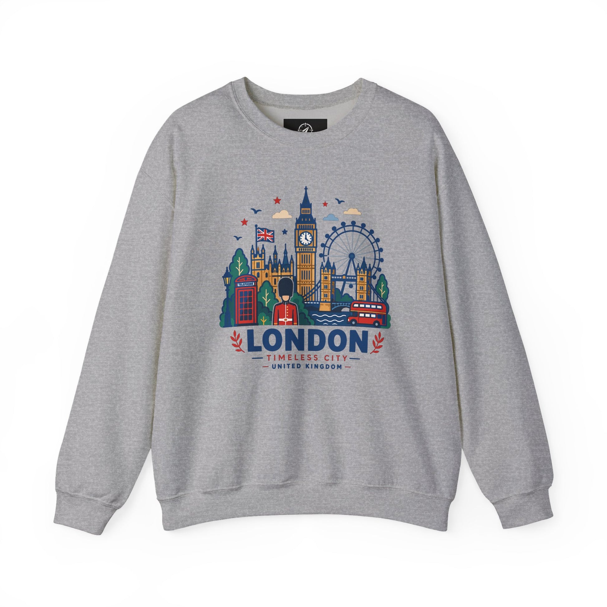 Grey crewneck sweatshirt with colorful London skyline graphic and “London” logo