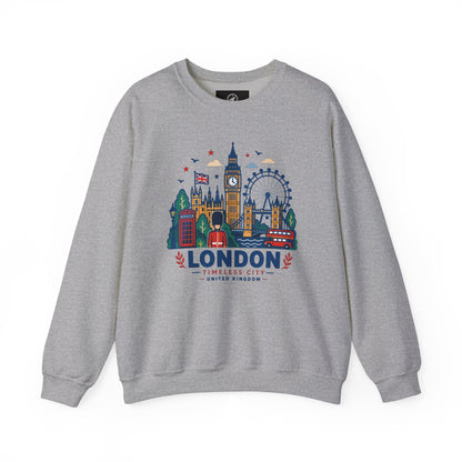 Grey crewneck sweatshirt with colorful London skyline graphic and “London” logo