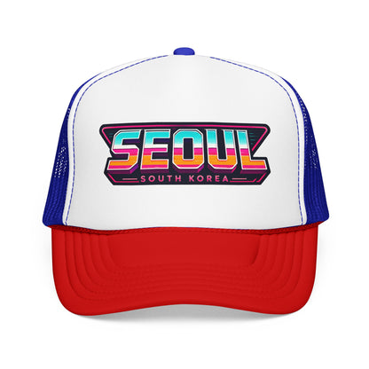 White and red trucker hat with SEOUl South Korea logo patch on front panel