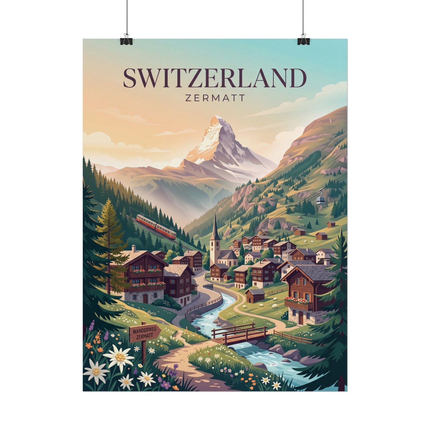 Switzerland Zermatt poster hanging, mountain peak over alpine village and river