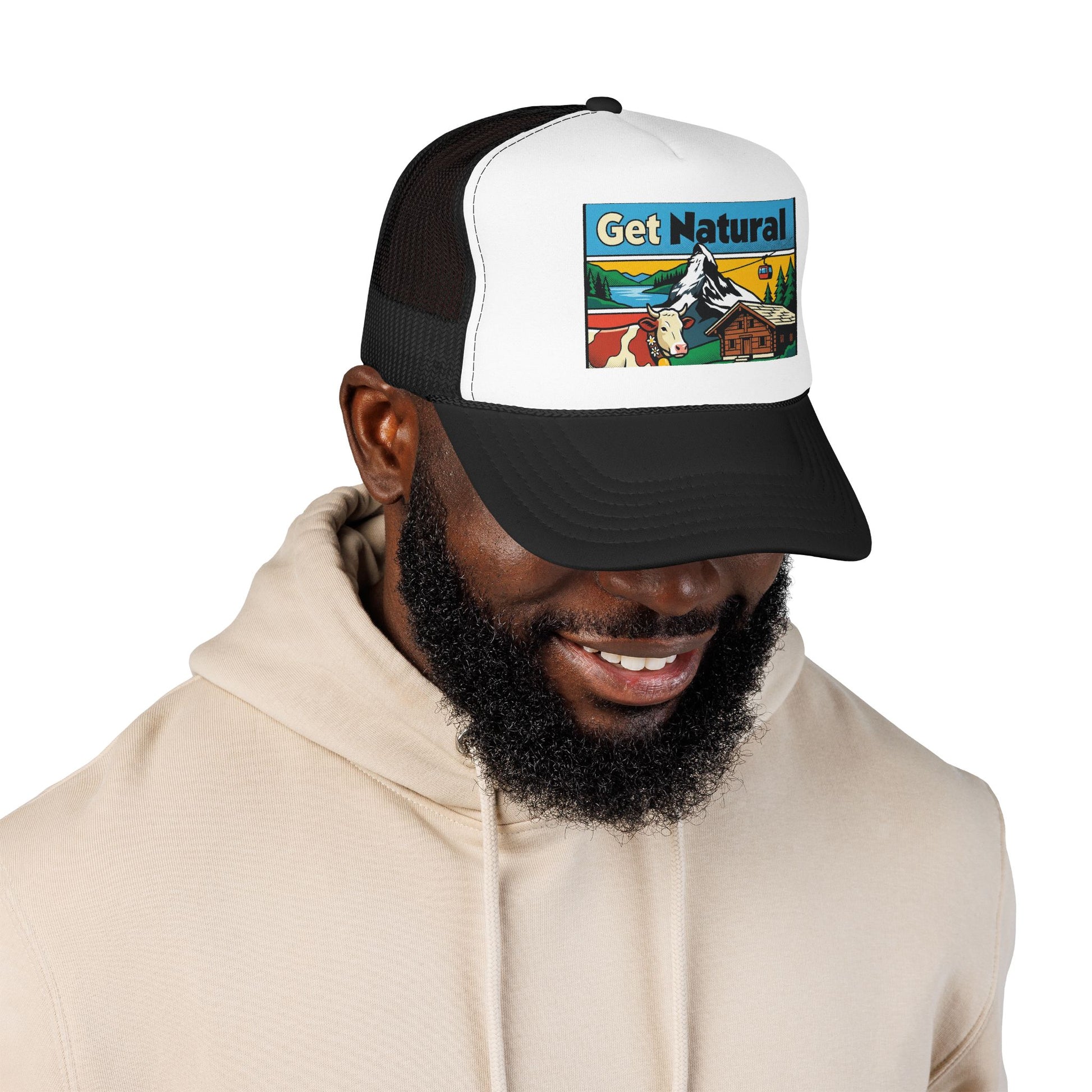 Trucker hat with white crown, black mesh back, dark brim, and Get Natural front patch