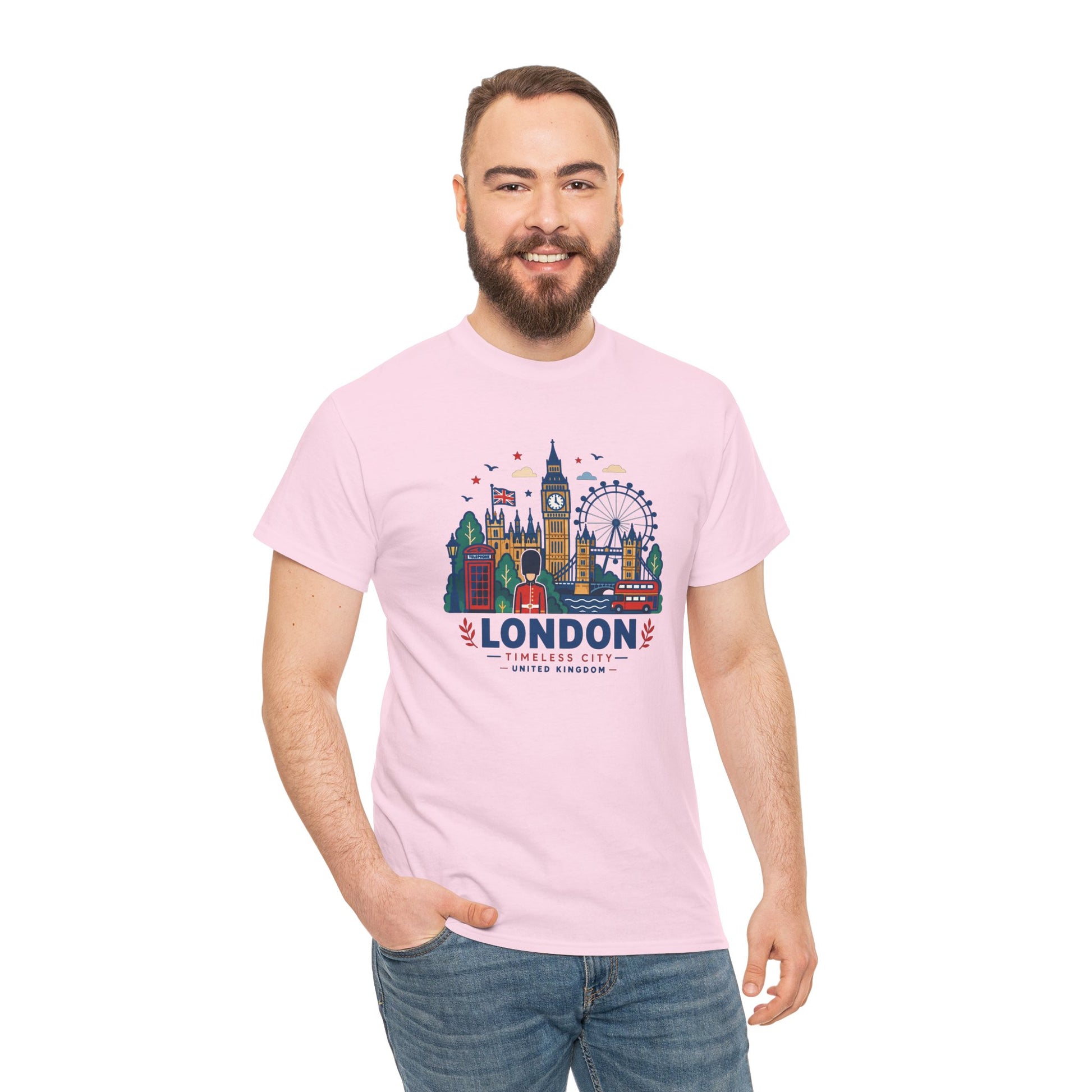 Light pink t-shirt with colorful London skyline and Big Ben graphic