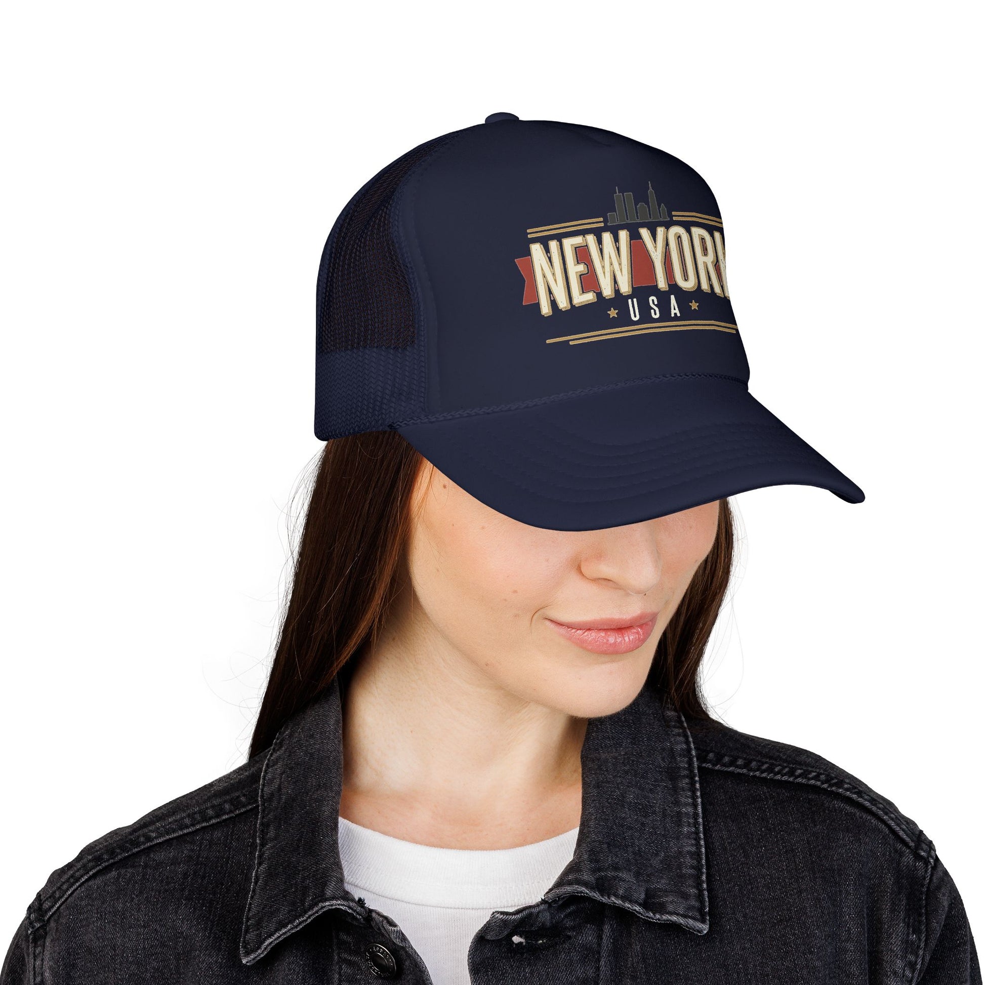 Dark navy foam trucker hat with New York USA logo patch