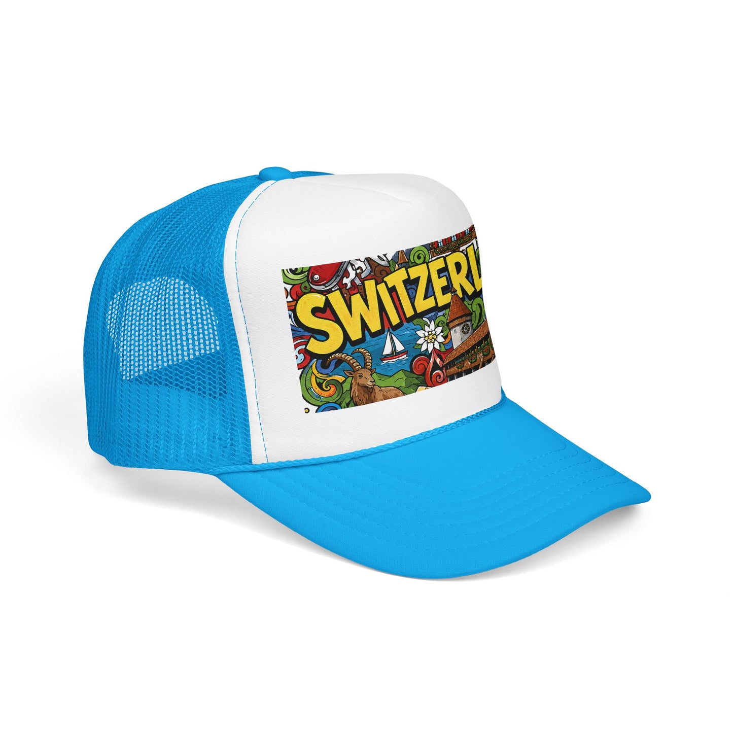 Trucker hat with light blue mesh, white front, blue curved brim, and Switzerland graphic patch