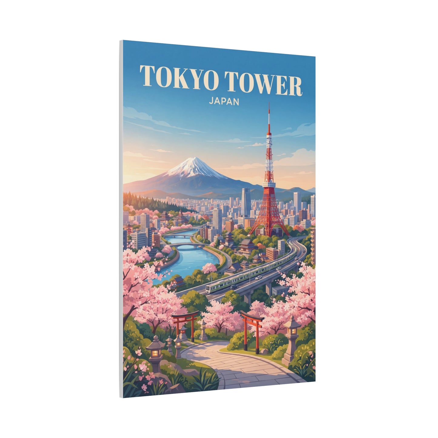Vertical matte canvas print featuring Tokyo Tower above cherry blossoms and city streets.