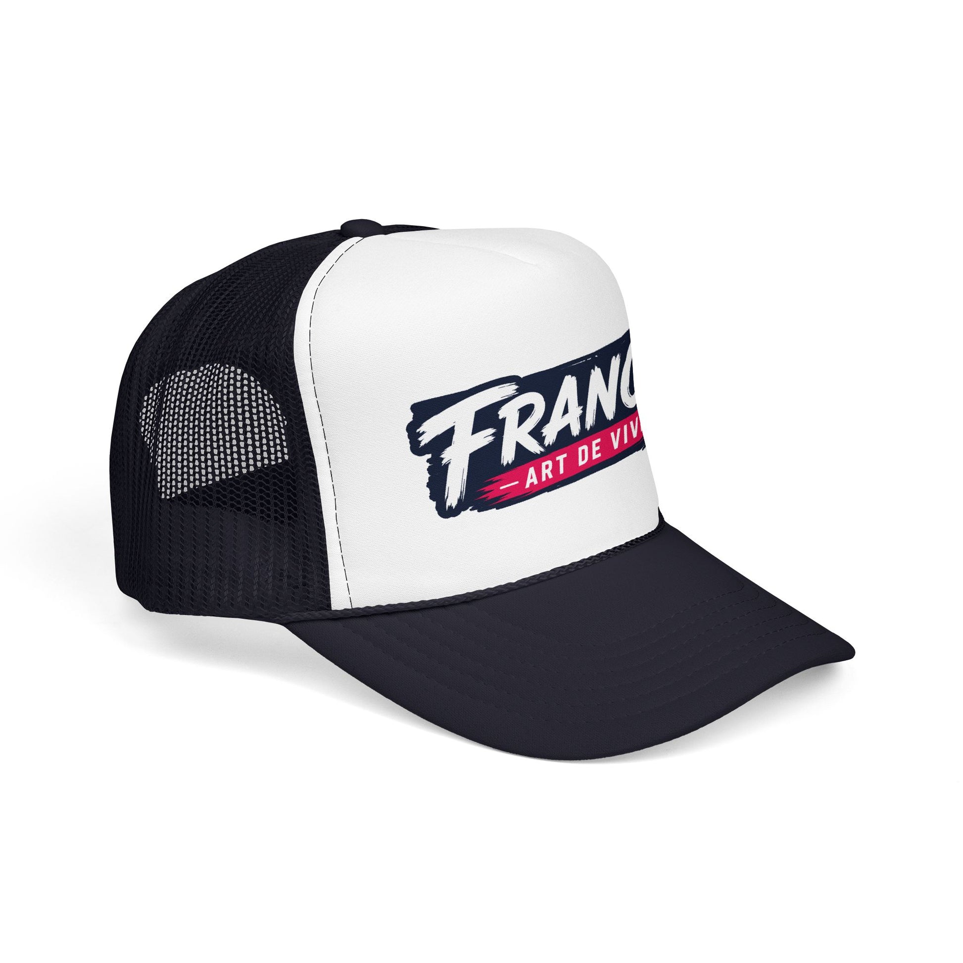 White front and black mesh trucker cap with “FRANCE Art de Vivre” logo
