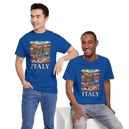 Two men wearing royal blue graphic T-shirts with Italy scenic print and “ITALY” text