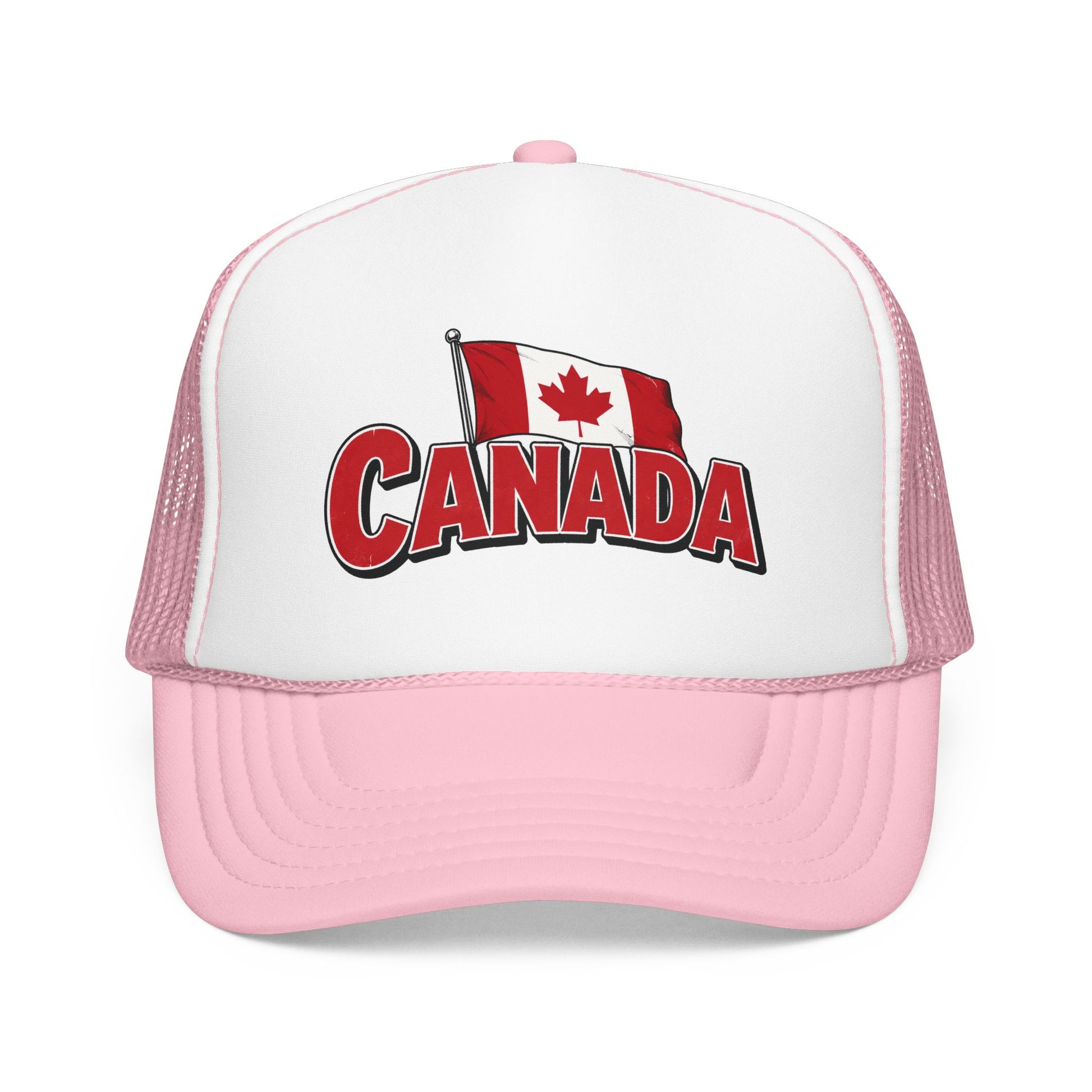 Pink and white trucker hat with Canada flag patch and red “CANADA” logo on front.