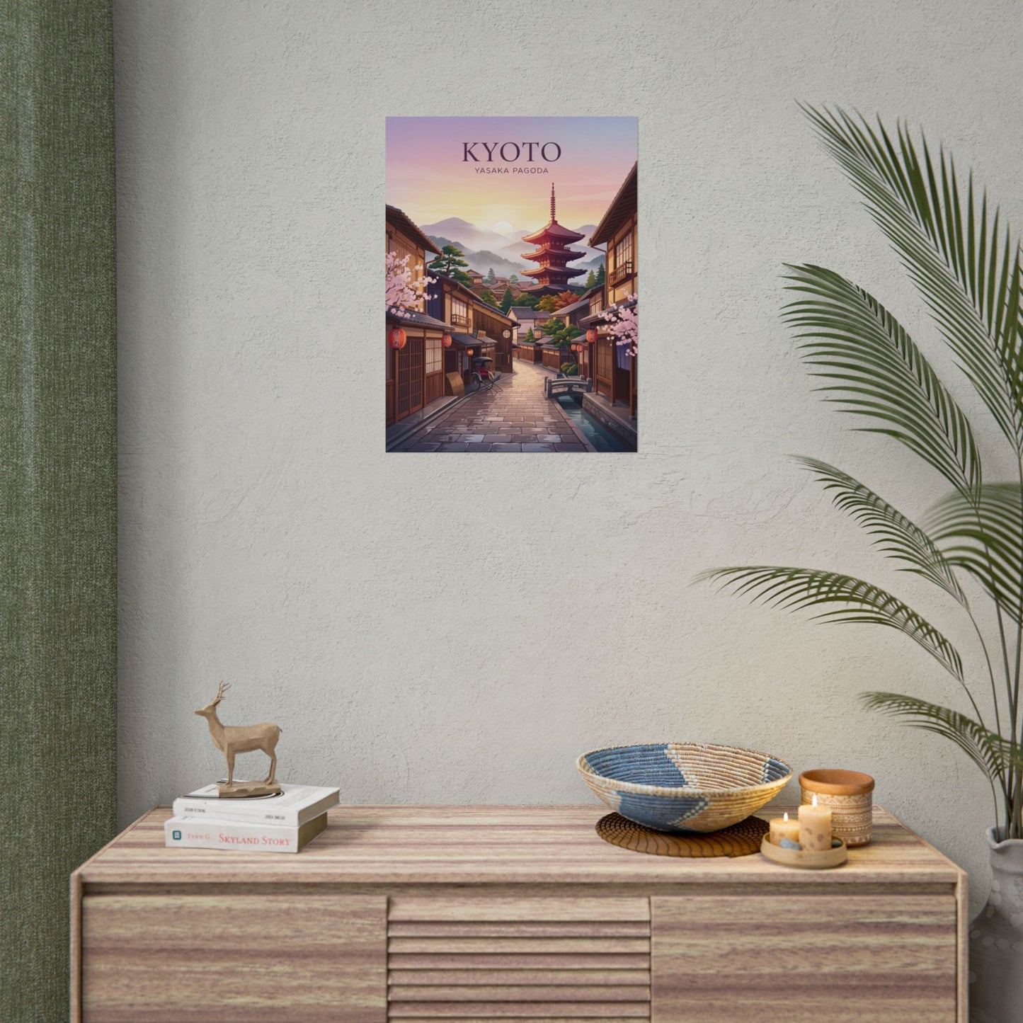 Wall-mounted Kyoto rolled poster with red pagoda, cherry blossoms, and sunset sky