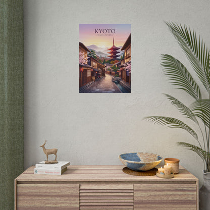 Wall-mounted Kyoto rolled poster with red pagoda, cherry blossoms, and sunset sky