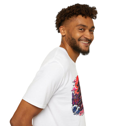 White T-shirt with partial Osaka graphic print, side view worn by a person.