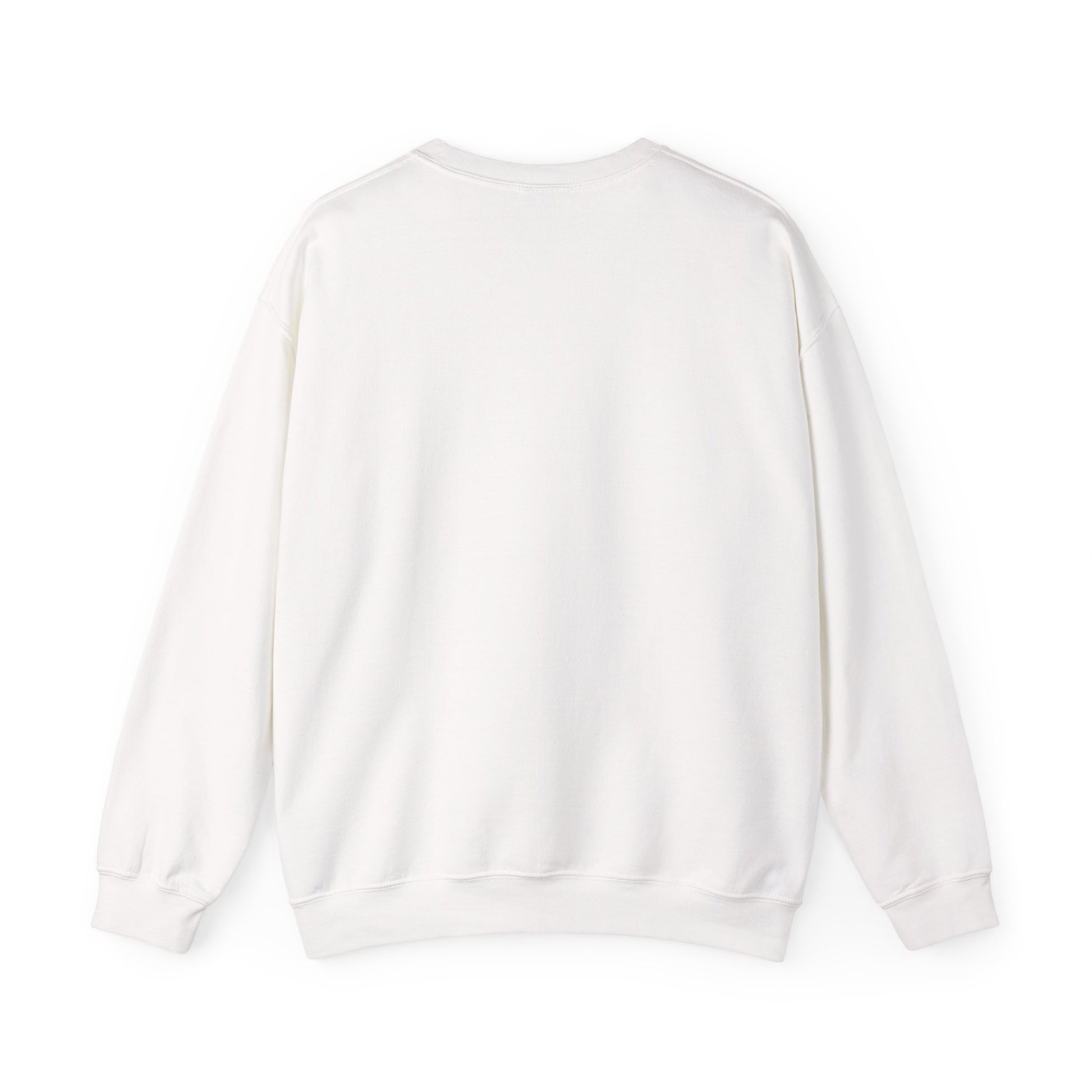 White crewneck sweatshirt with ribbed cuffs and hem, plain back view.
