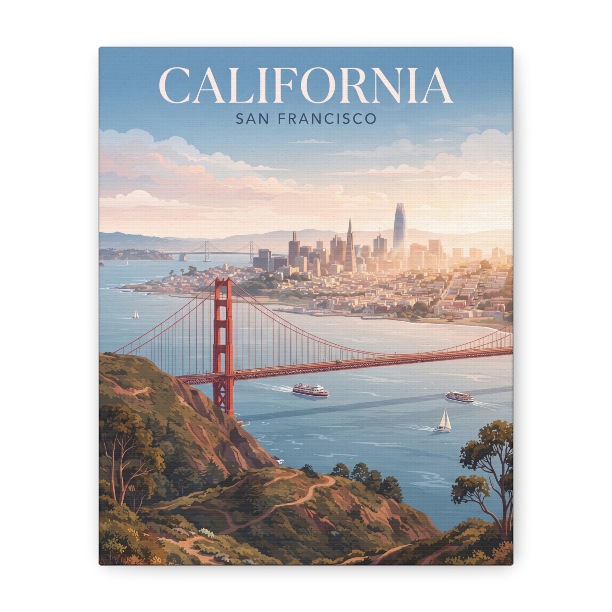 Golden Gate Bridge canvas wall art with “California San Francisco” title and skyline