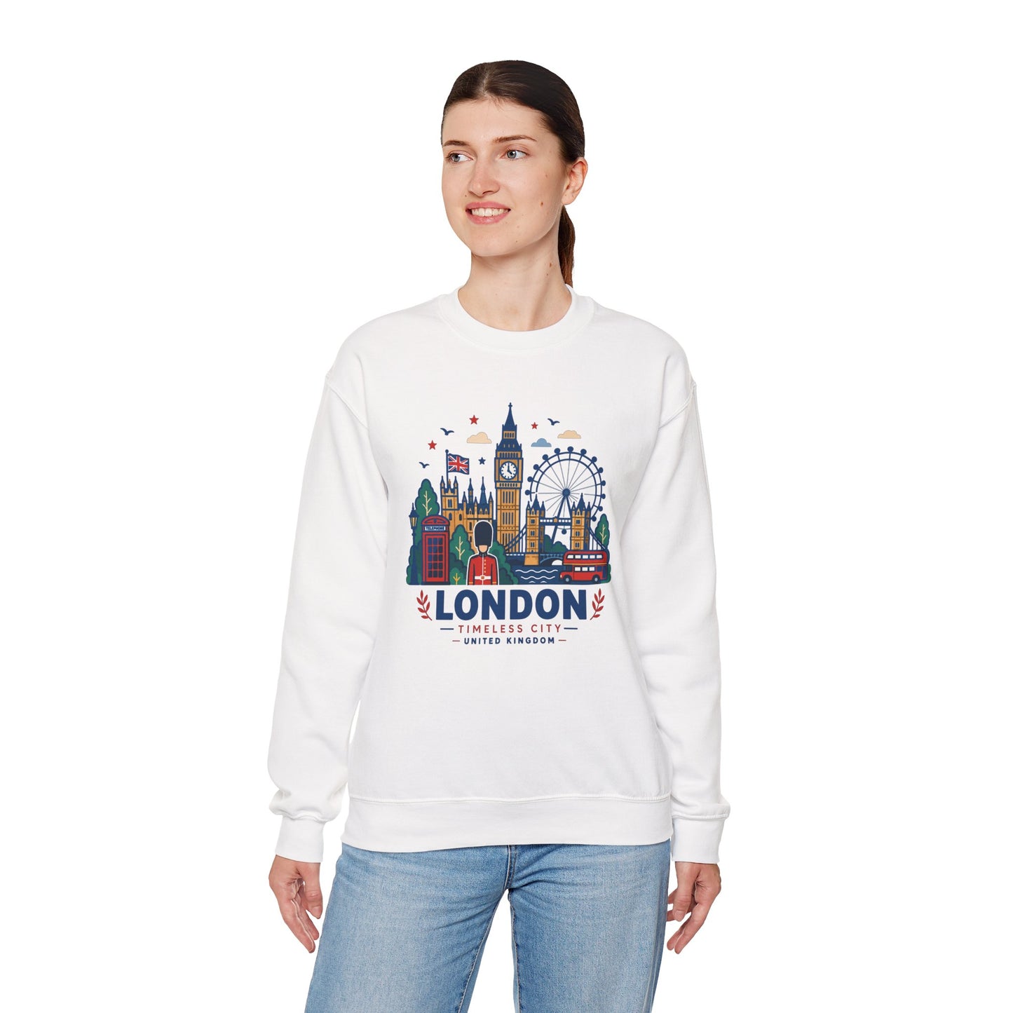 White crewneck sweatshirt with colorful London skyline graphic on the front