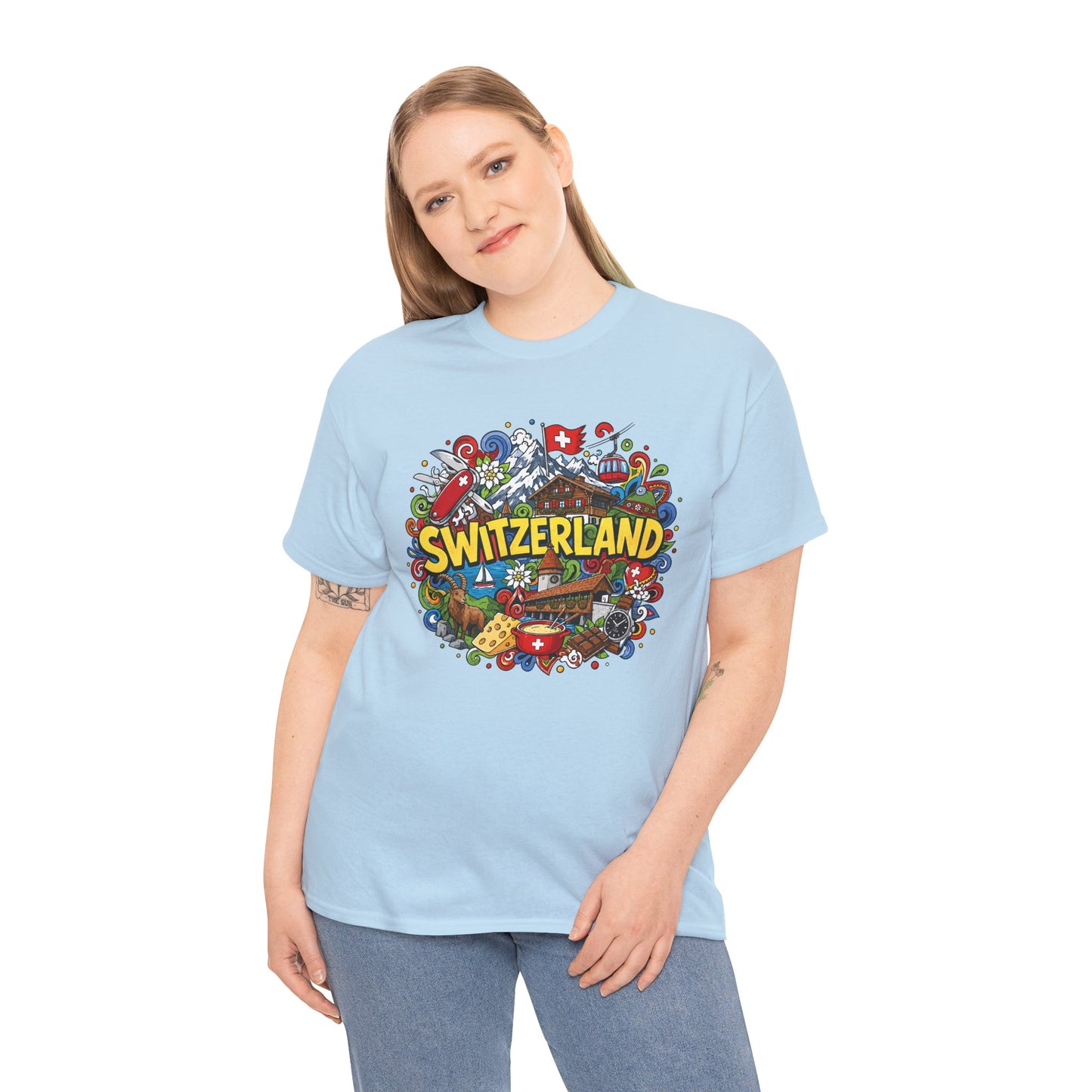 Light blue short-sleeve T-shirt with colorful Switzerland chest graphic.