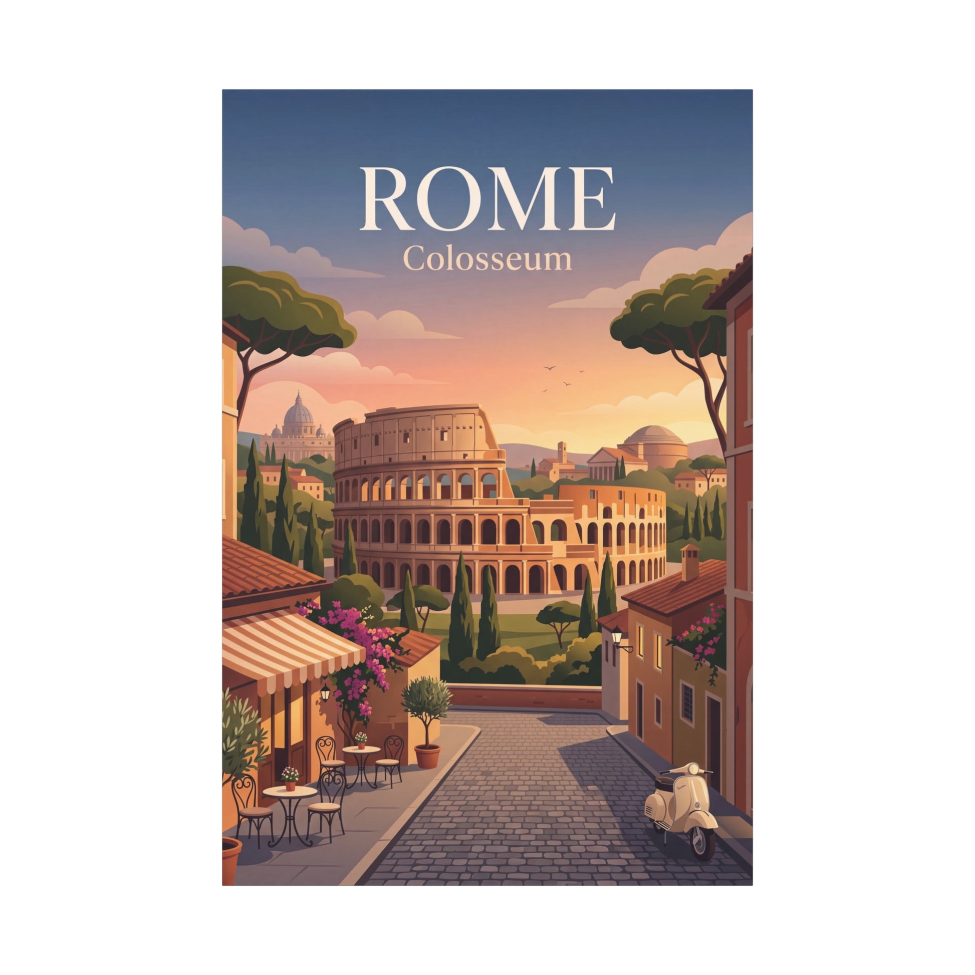 Portrait matte canvas print featuring Rome Colosseum view in warm sunset colors