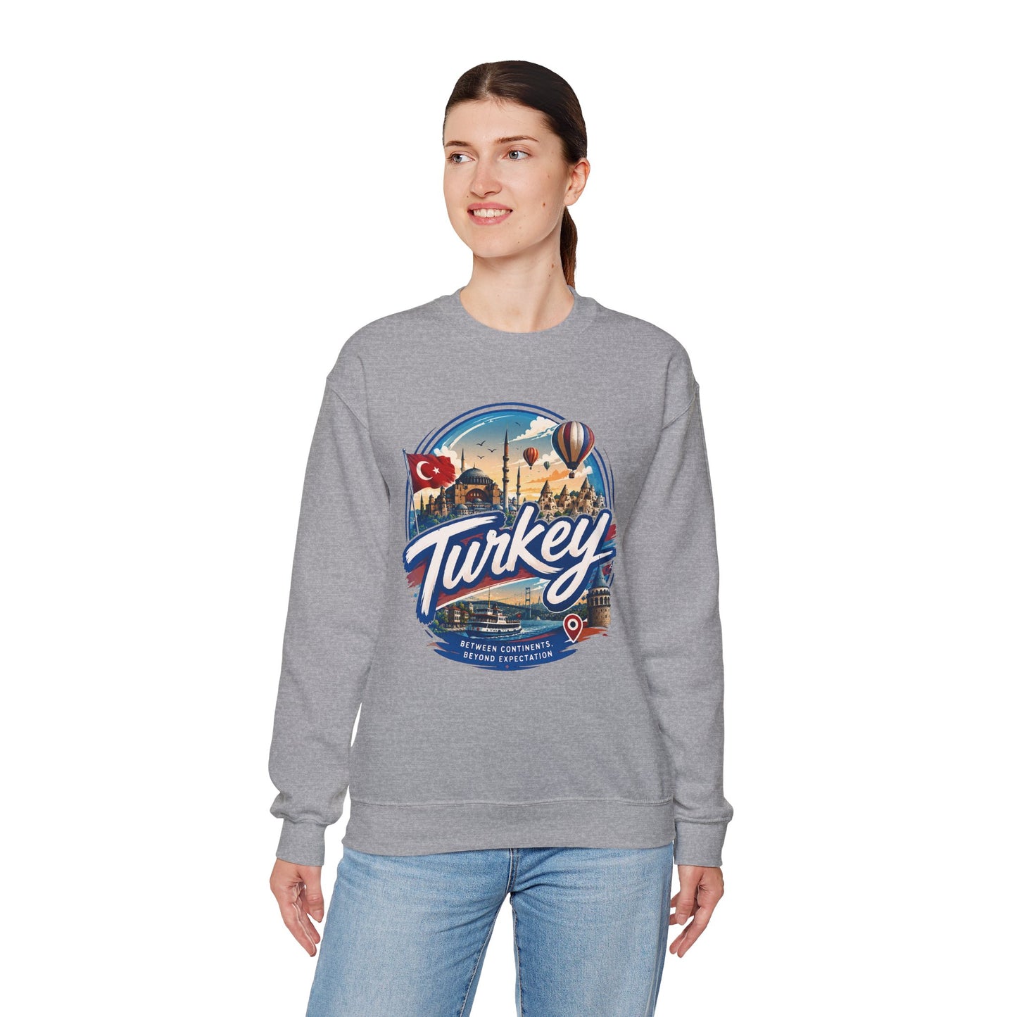 Sport grey crewneck sweatshirt with “Turkey” graphic on the chest, long sleeves
