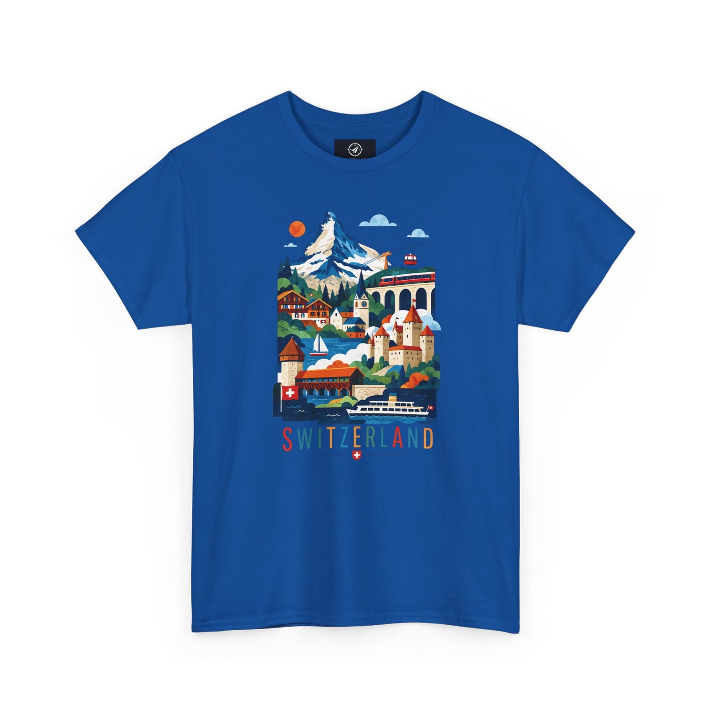 Royal blue short-sleeve T-shirt with colorful Switzerland village graphic on front