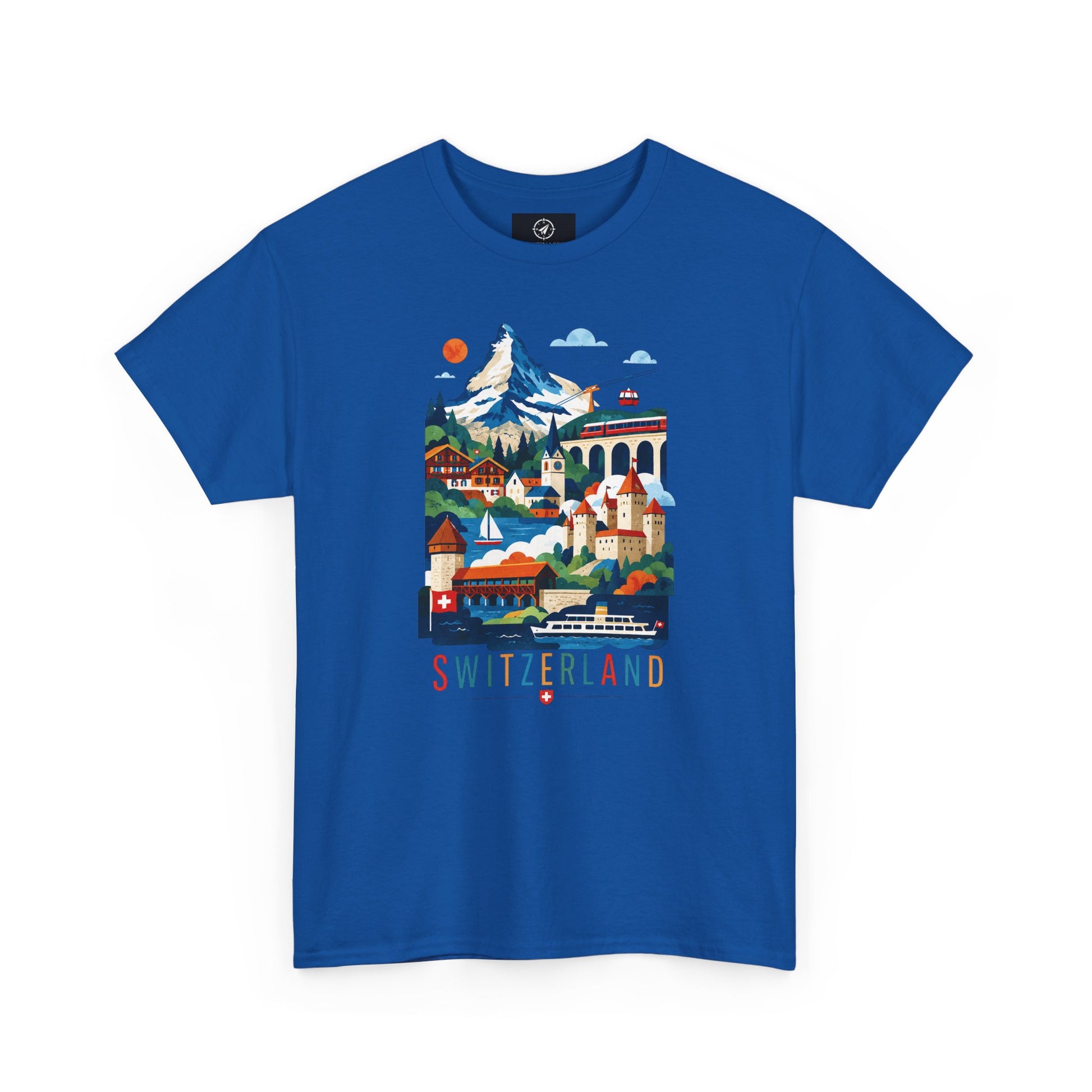 Royal blue short-sleeve T-shirt with colorful Switzerland village graphic on front