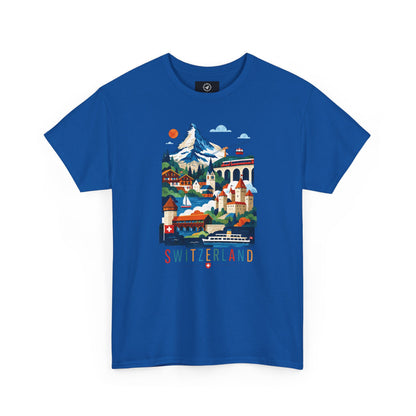 Royal blue short-sleeve T-shirt with colorful Switzerland village graphic on front