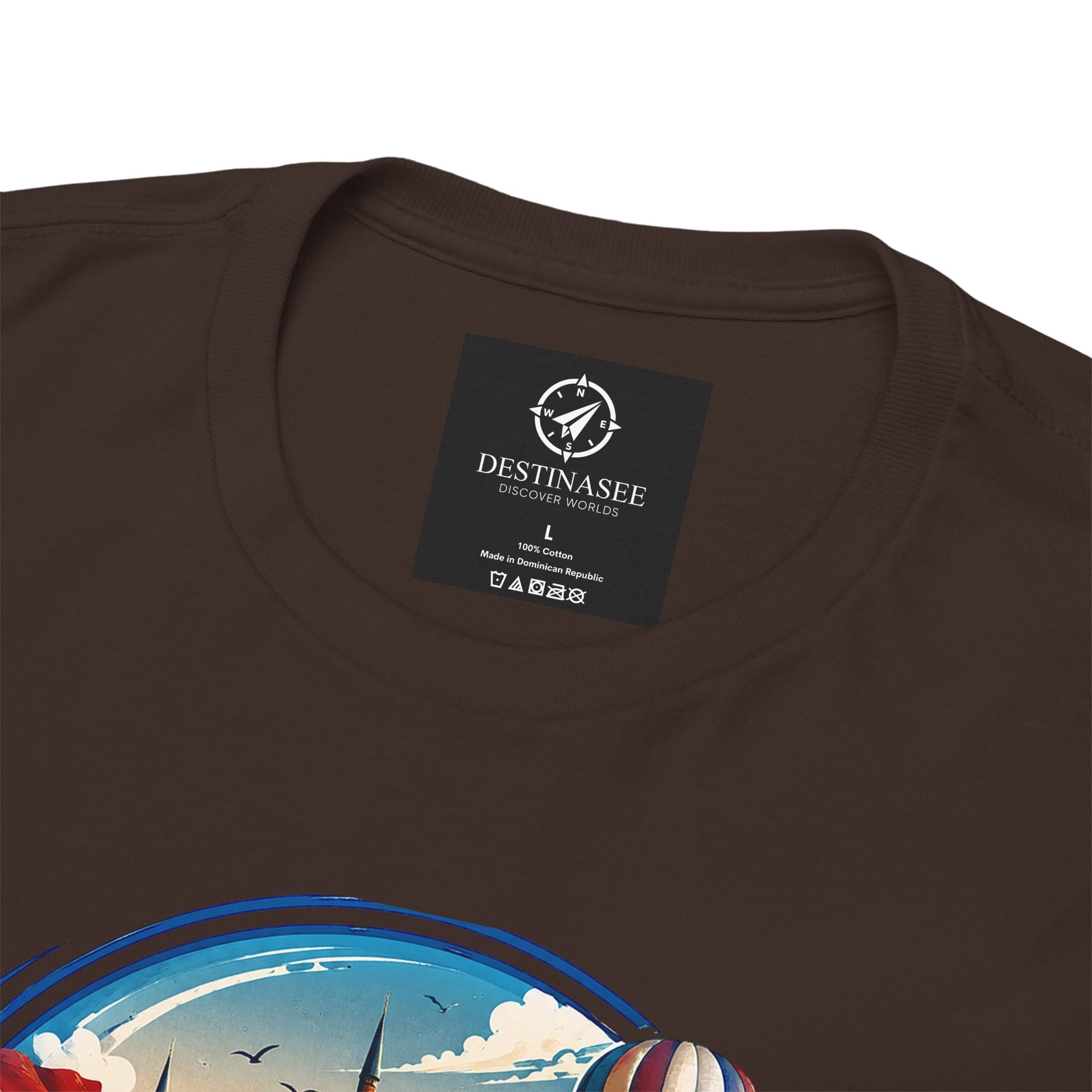 Dark chocolate travel T-shirt, crew neck with small logo label and partial circular Turkey graphic