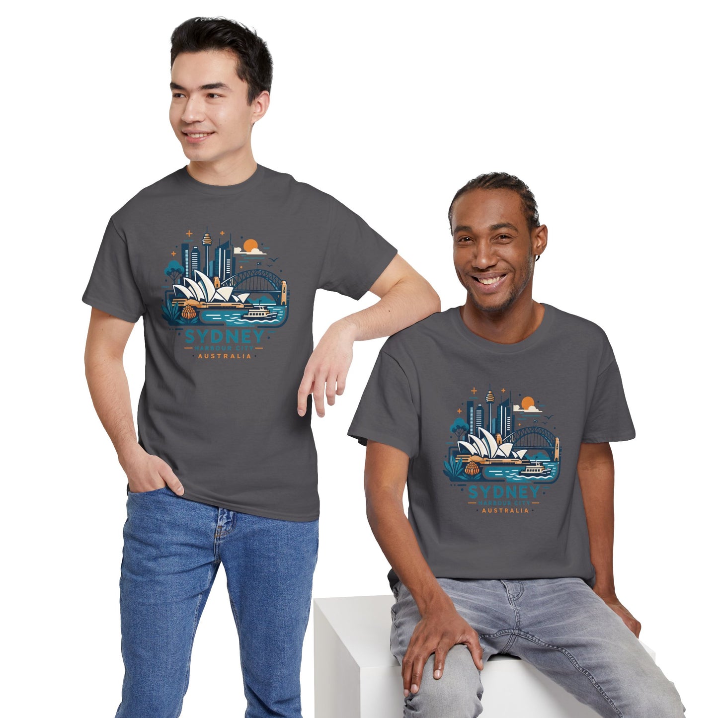 Charcoal crew-neck T-shirt with Sydney cityscape front print