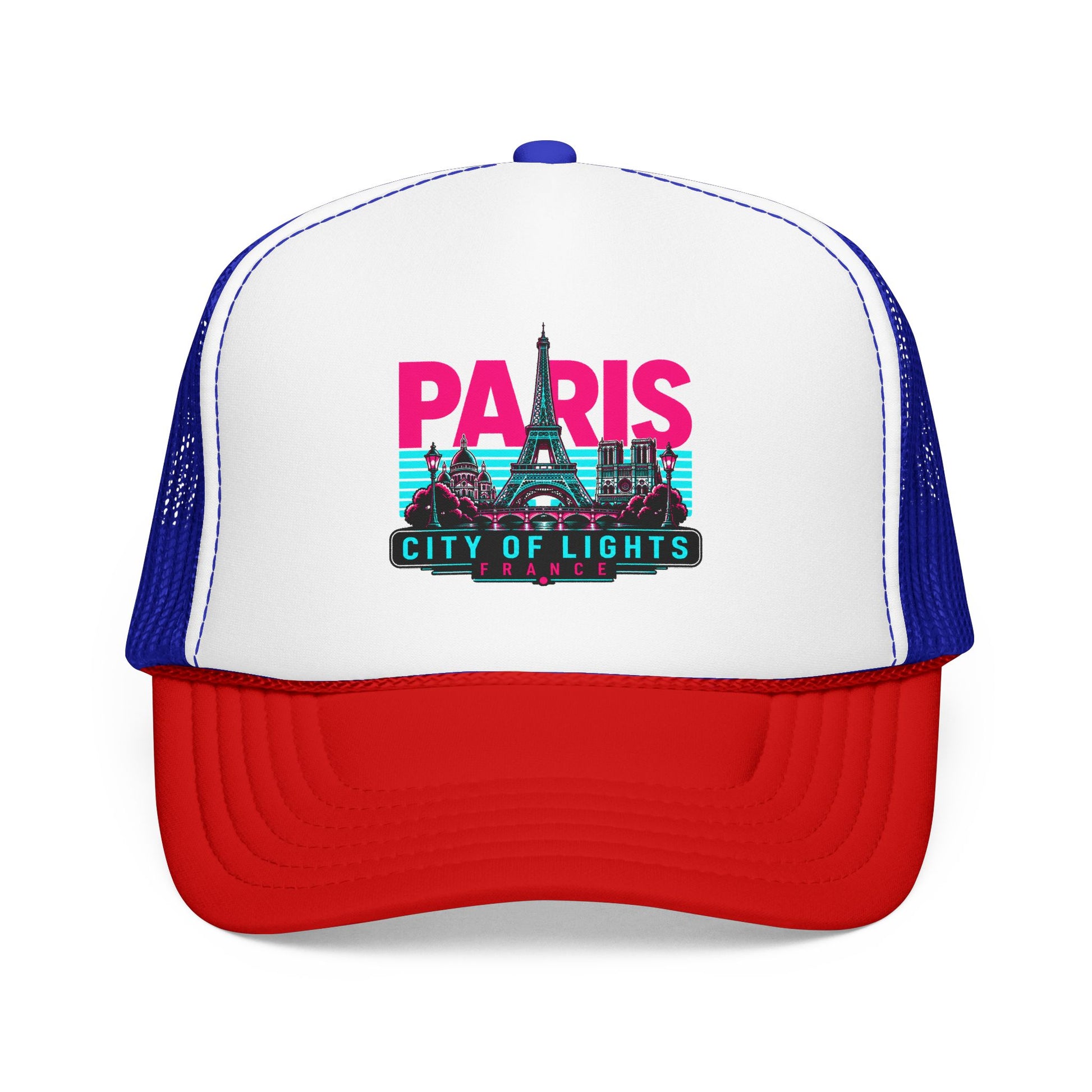 White and blue mesh trucker hat with “PARIS City of Lights” front graphic patch.