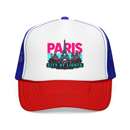 White and blue mesh trucker hat with “PARIS City of Lights” front graphic patch.