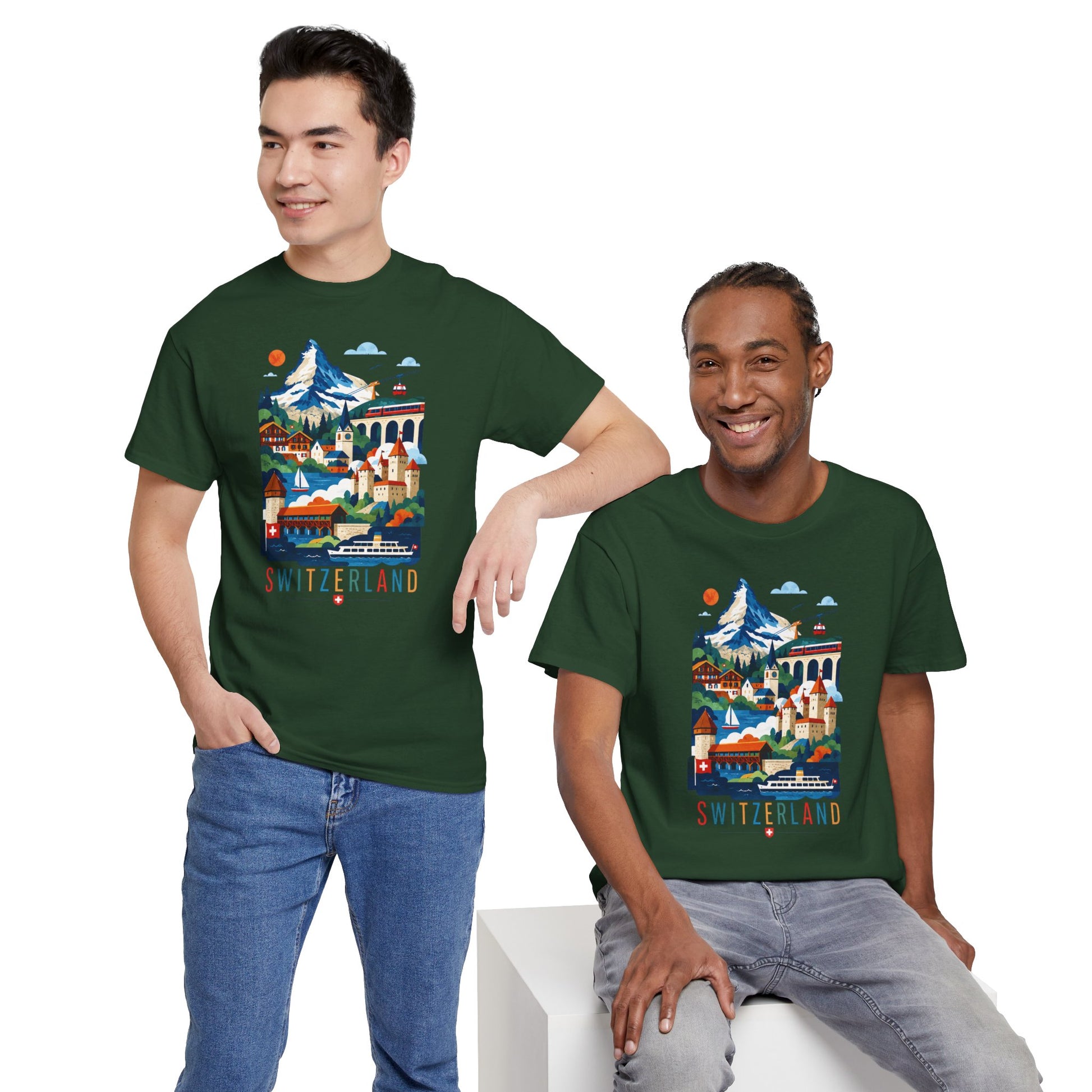 Forest green short-sleeve T-shirt with Switzerland graphic, worn by two people
