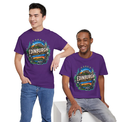 Purple travel T-shirt with front Edinburgh emblem graphic, crew neck, short sleeves