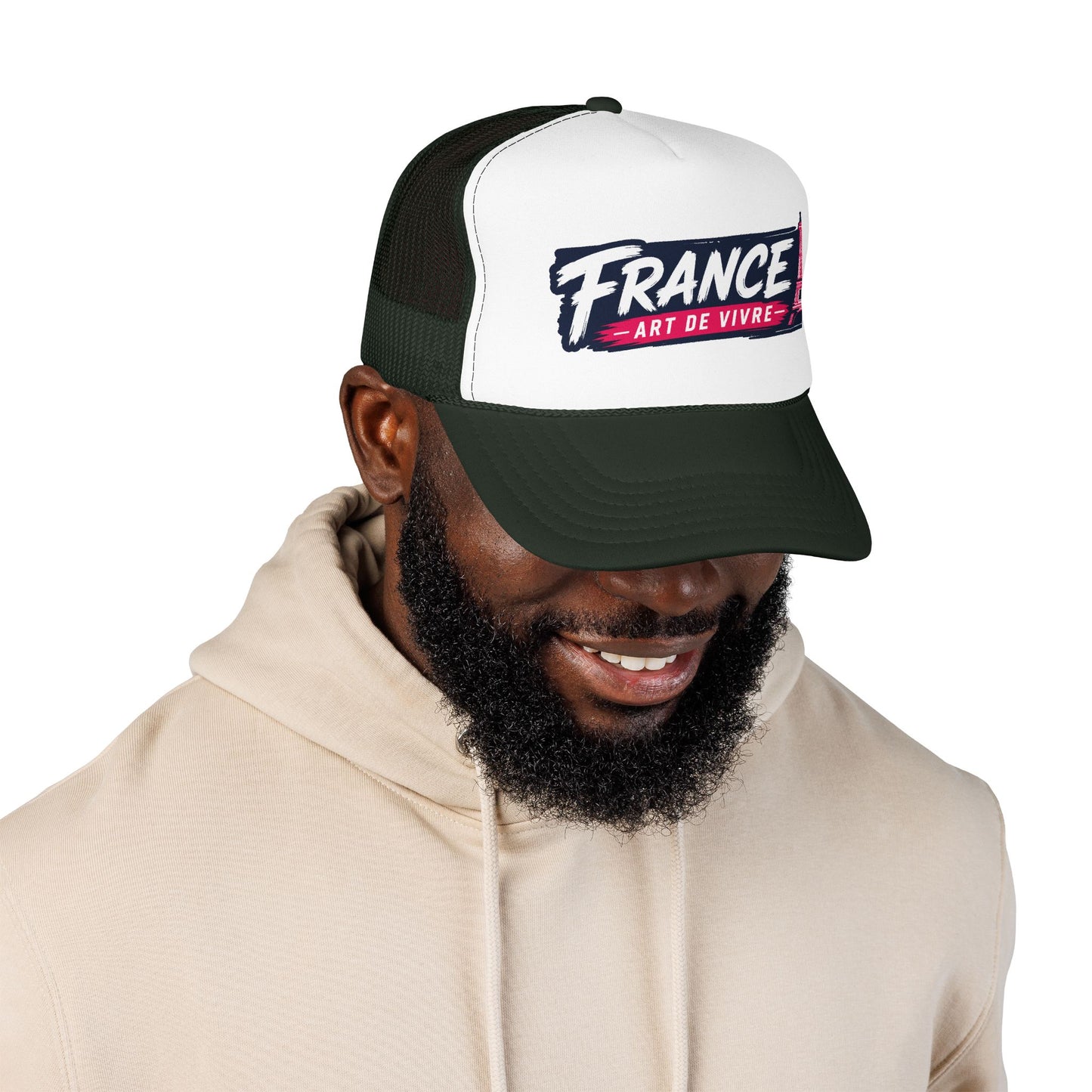 Green and white trucker hat with mesh back, 'FRANCE Art de Vivre' front logo