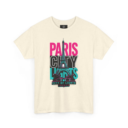 Cream crewneck T-shirt with PARIS CITY OF LIGHTS Eiffel graphic