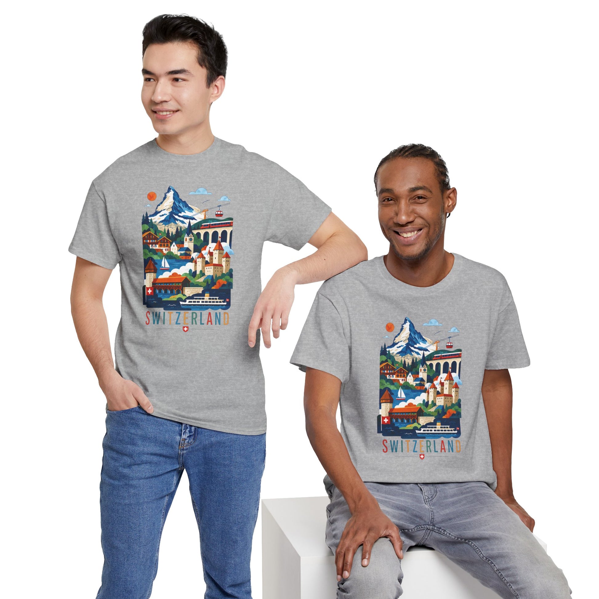 Sport grey t-shirt with colorful Switzerland village graphic on the front.