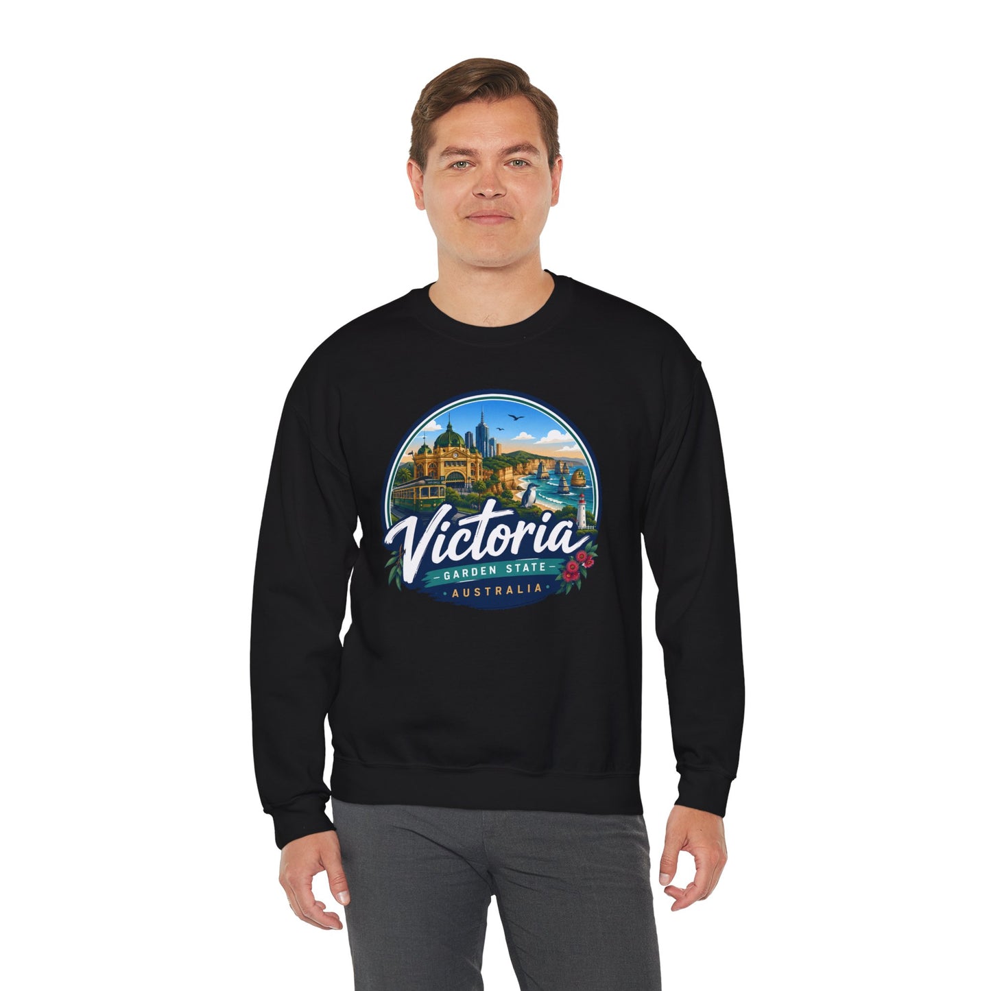 Black crewneck sweatshirt with circular Victoria Australia graphic on the chest
