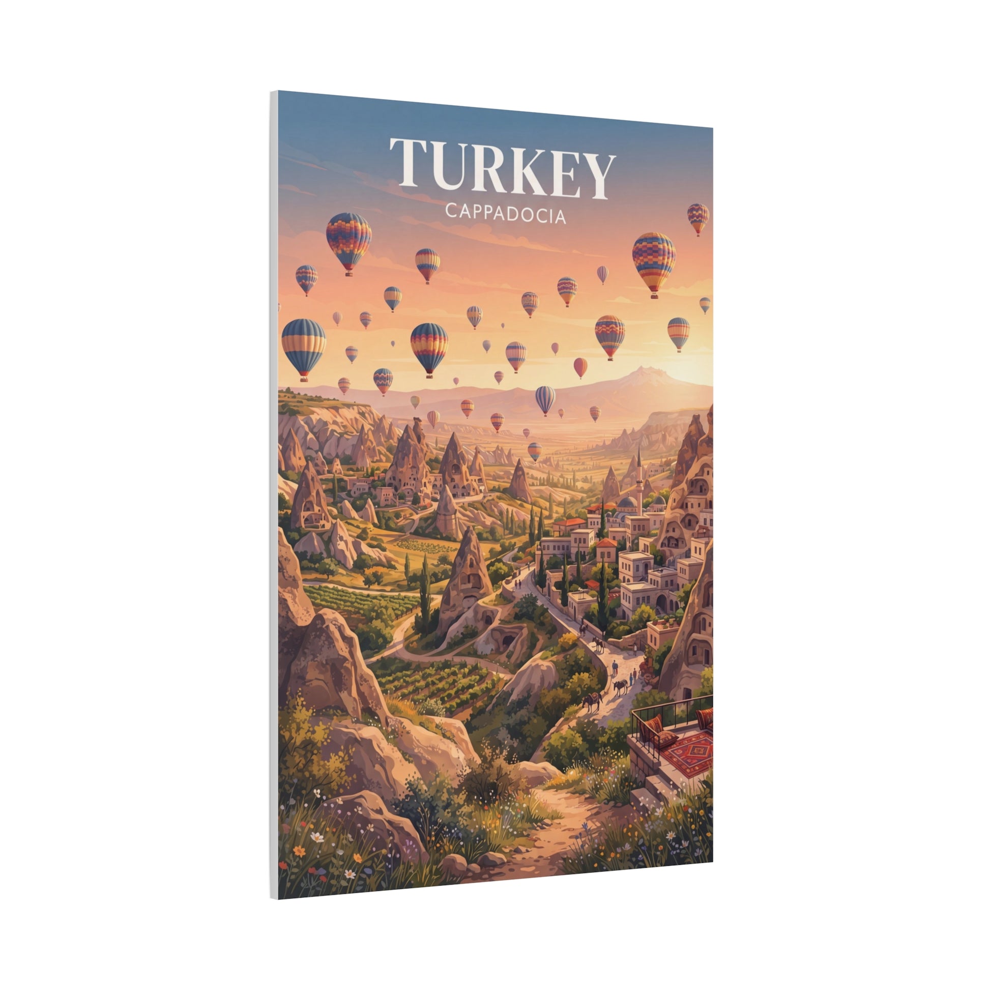 Matte canvas wall art of hot air balloons over Cappadocia valley, 'TURKEY' title.