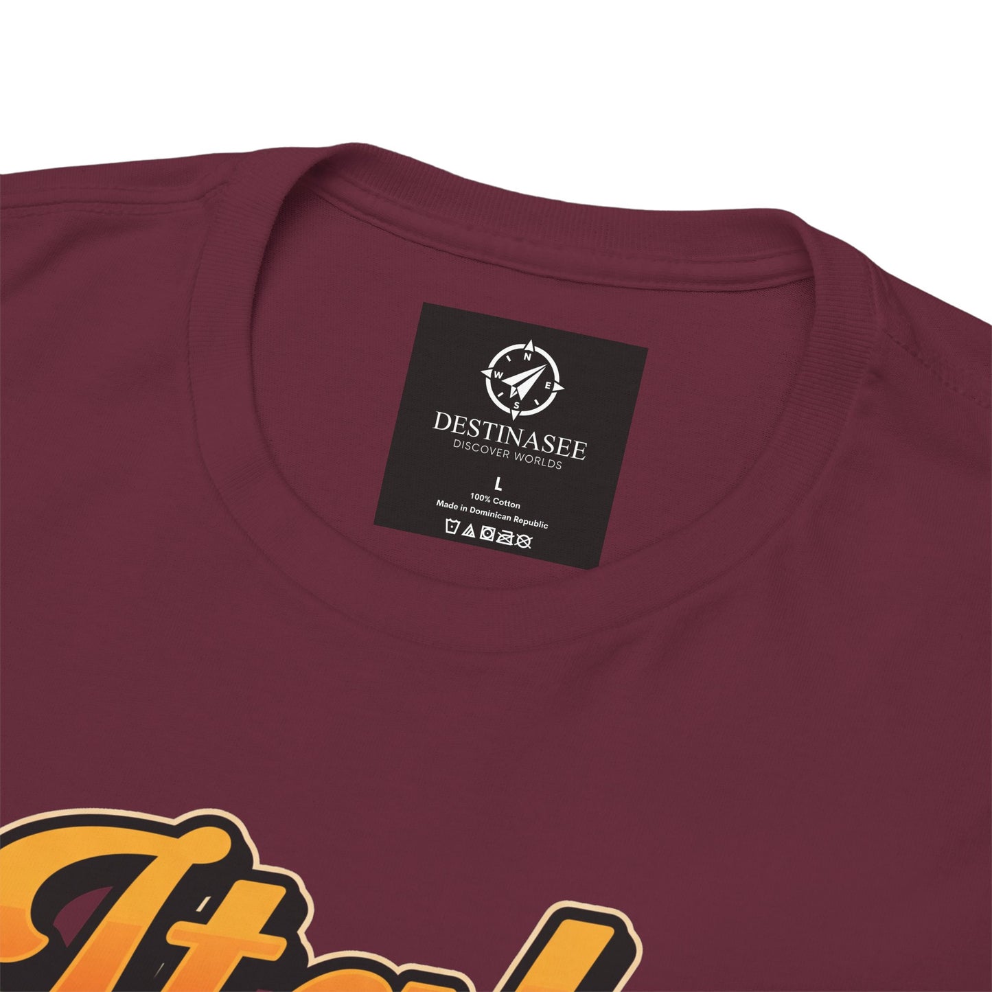 Maroon T-shirt close-up: neck label and partial “Italy” graphic print