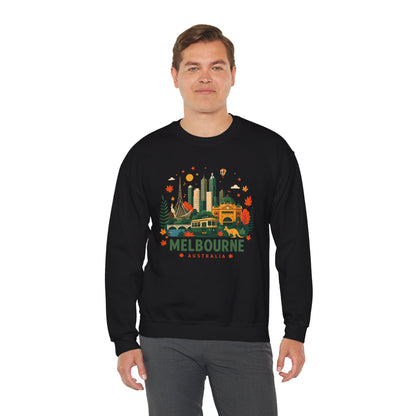 Melbourne cityscape sweatshirt, black crewneck with front Melbourne graphic