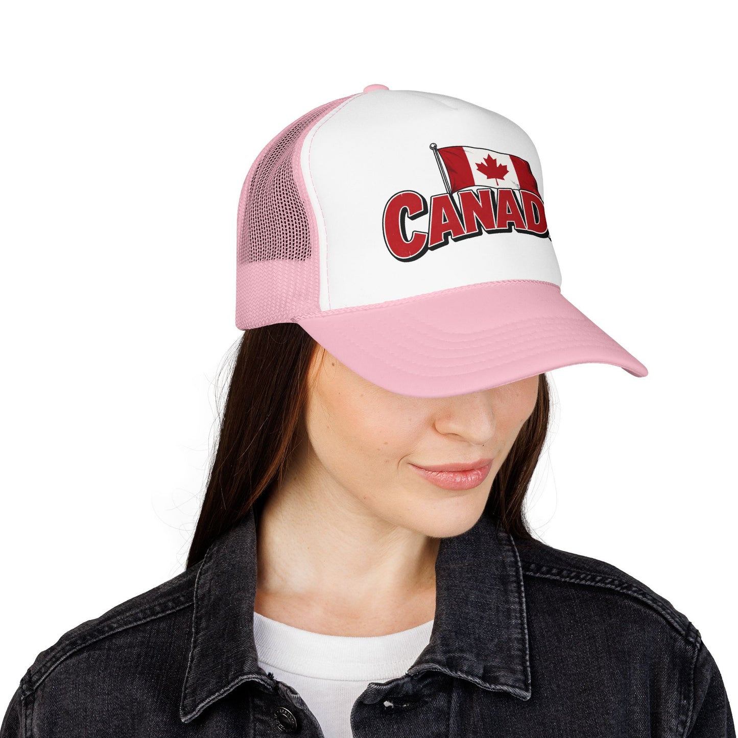 Light pink and white trucker hat with Canada flag logo patch on front