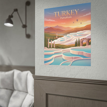 Small vertical travel poster with “TURKEY” and “Pamukkale” over white-blue terraces