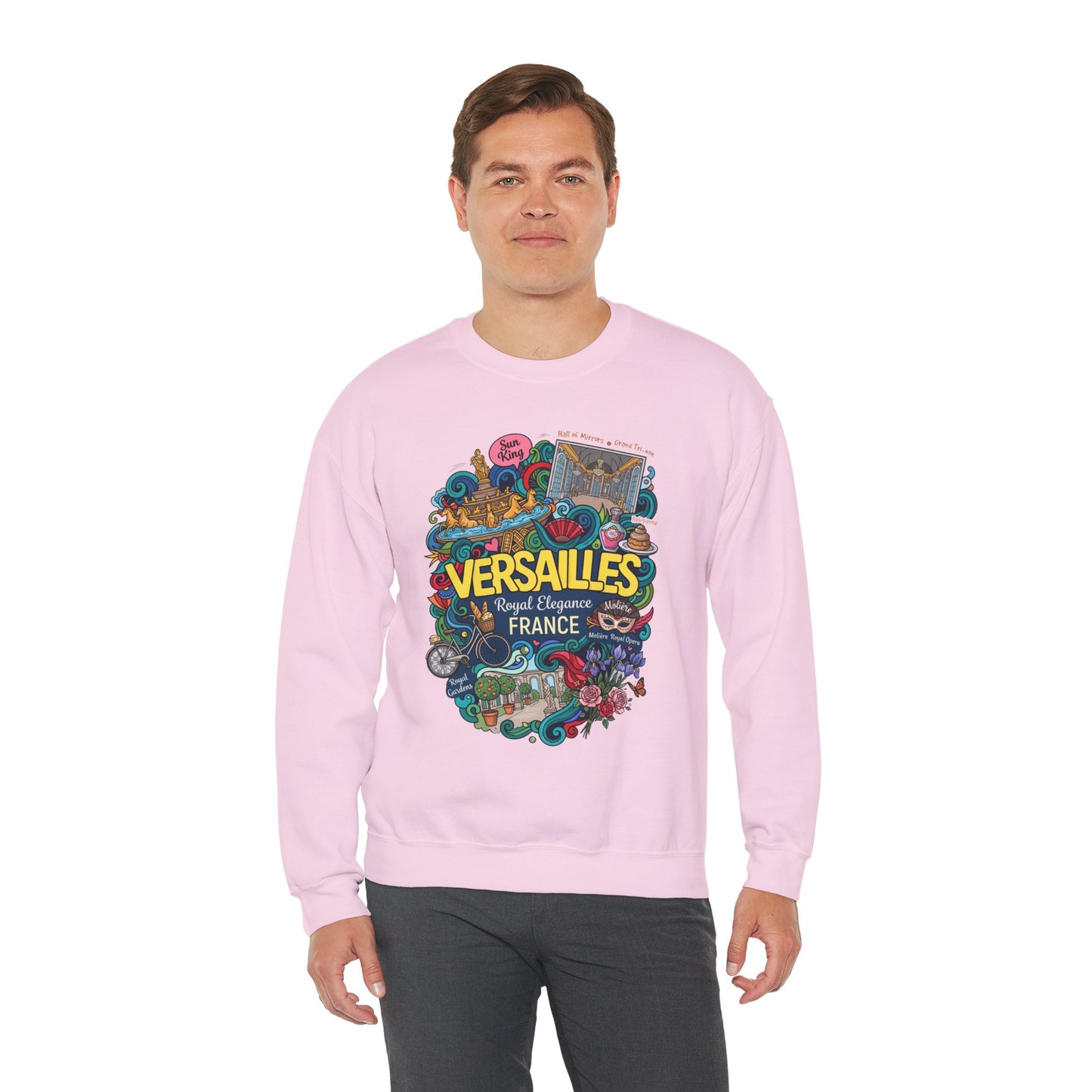 Pink crewneck sweatshirt worn by model, front graphic visible
