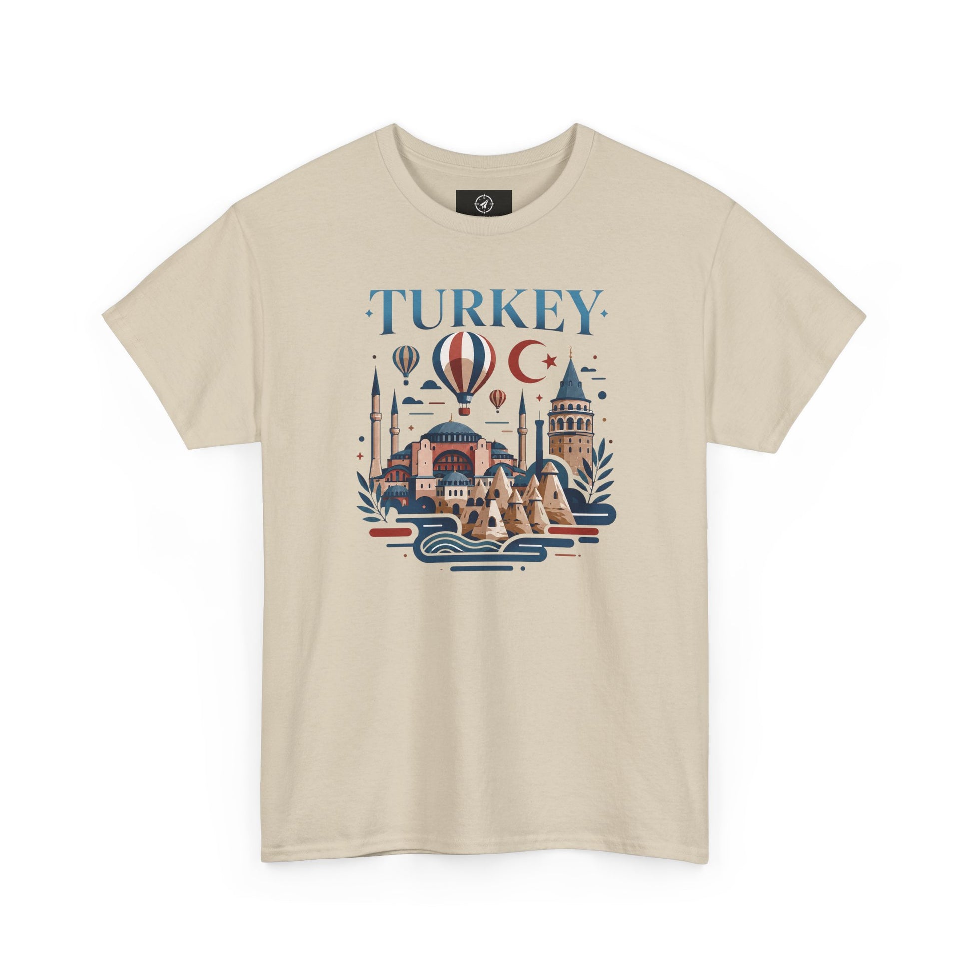 Beige T-shirt with blue Turkey-themed skyline, hot air balloon, and crescent moon graphic