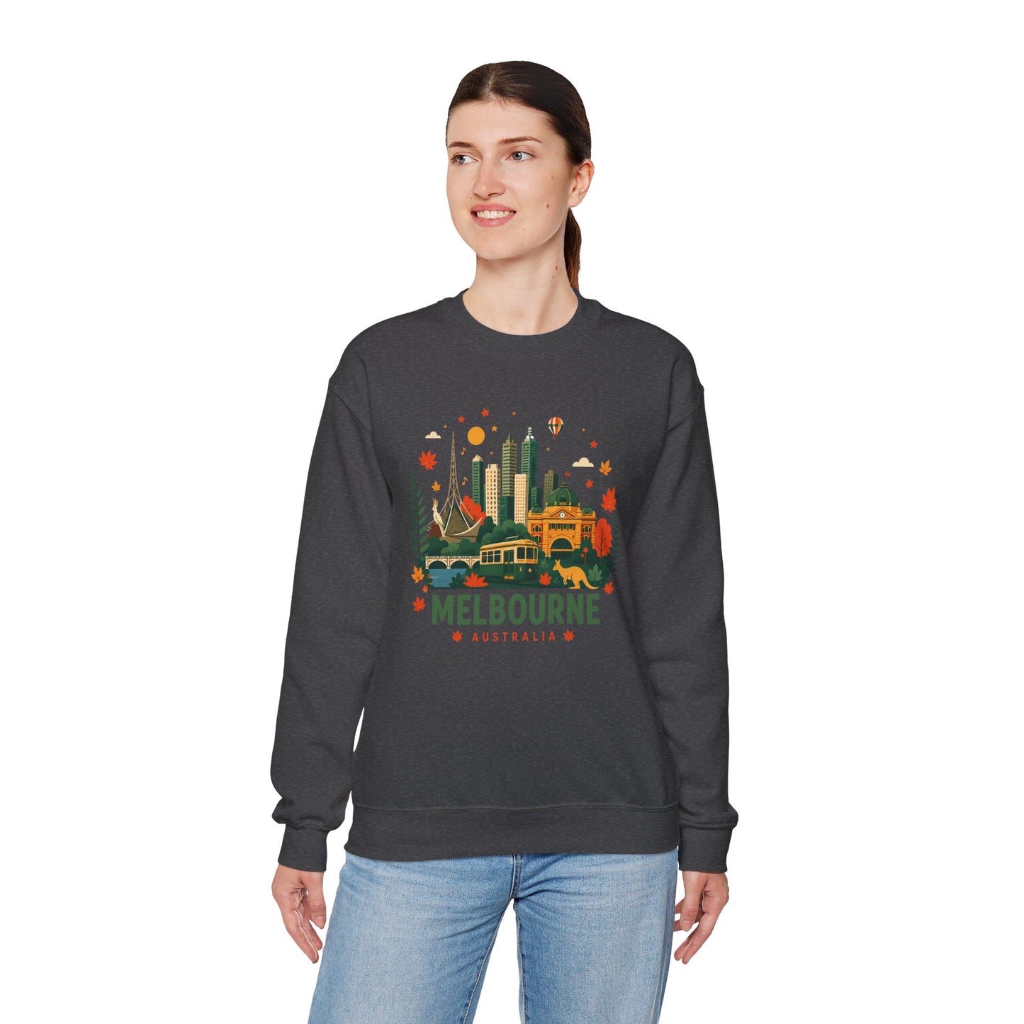 Dark gray crewneck sweatshirt with Melbourne city graphic print