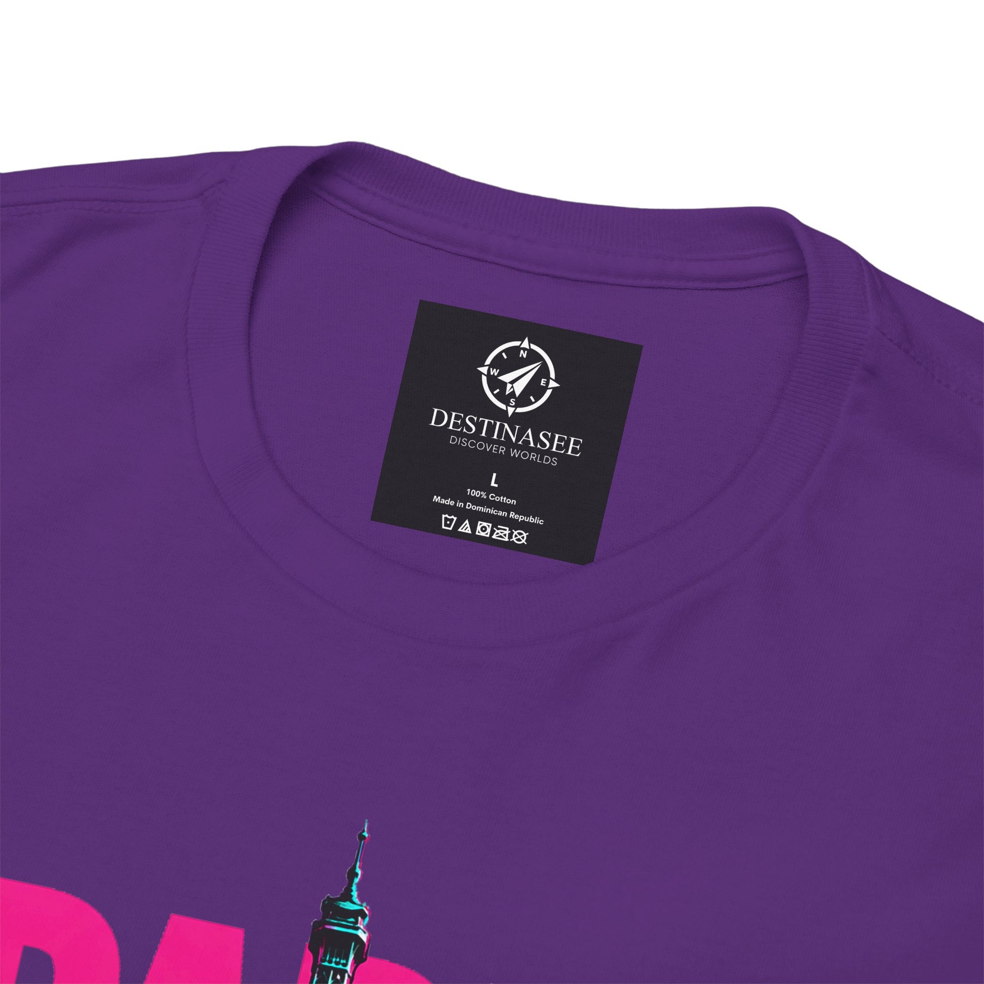 Purple travel T-shirt close-up: black neck label and Eiffel Tower graphic