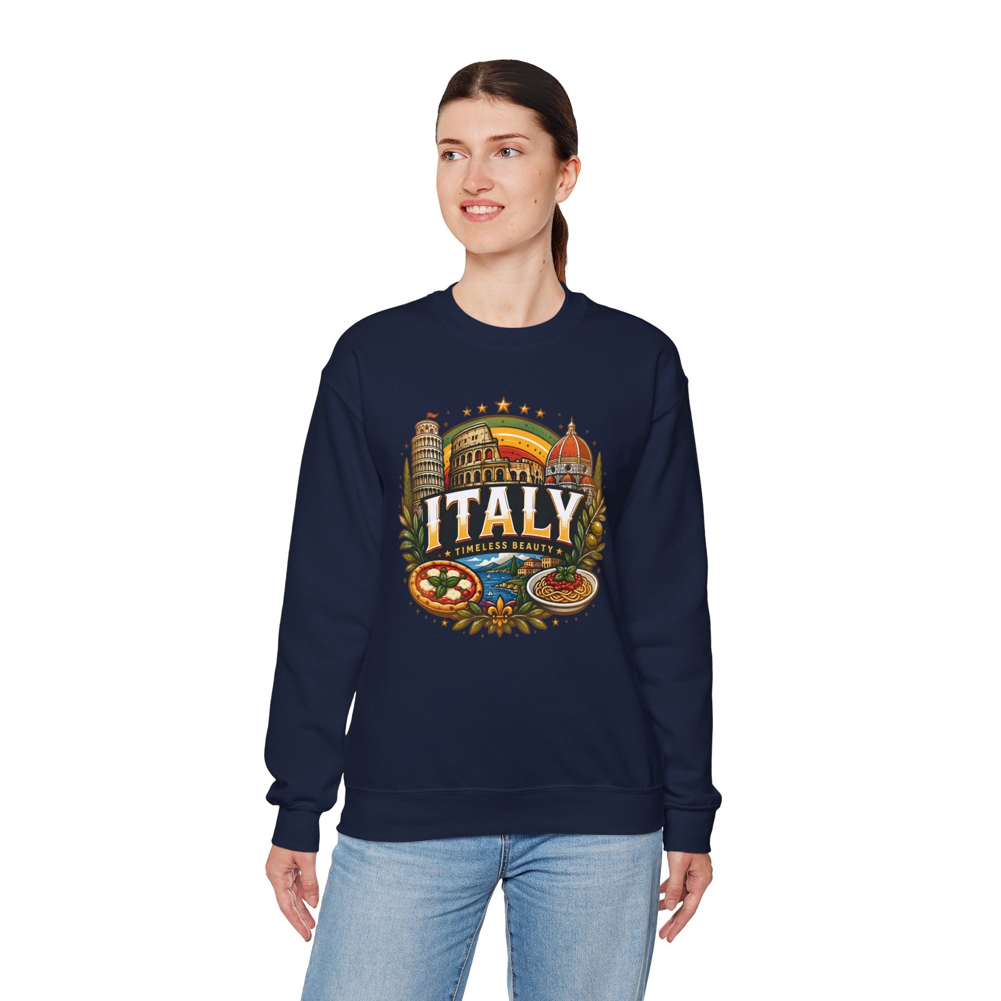 Navy crewneck sweatshirt with colorful Italy graphic on the front.