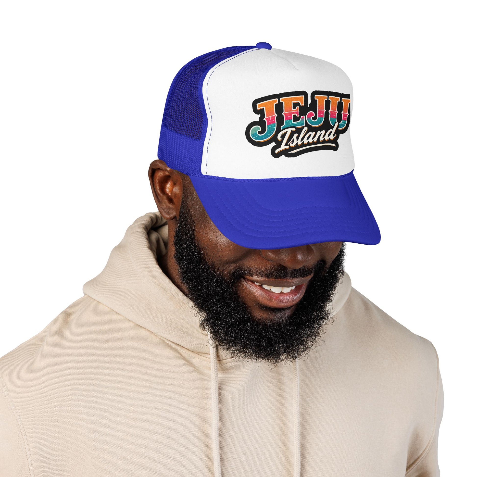 Foam trucker cap in blue and white with 'JEJU Island' logo worn by a man